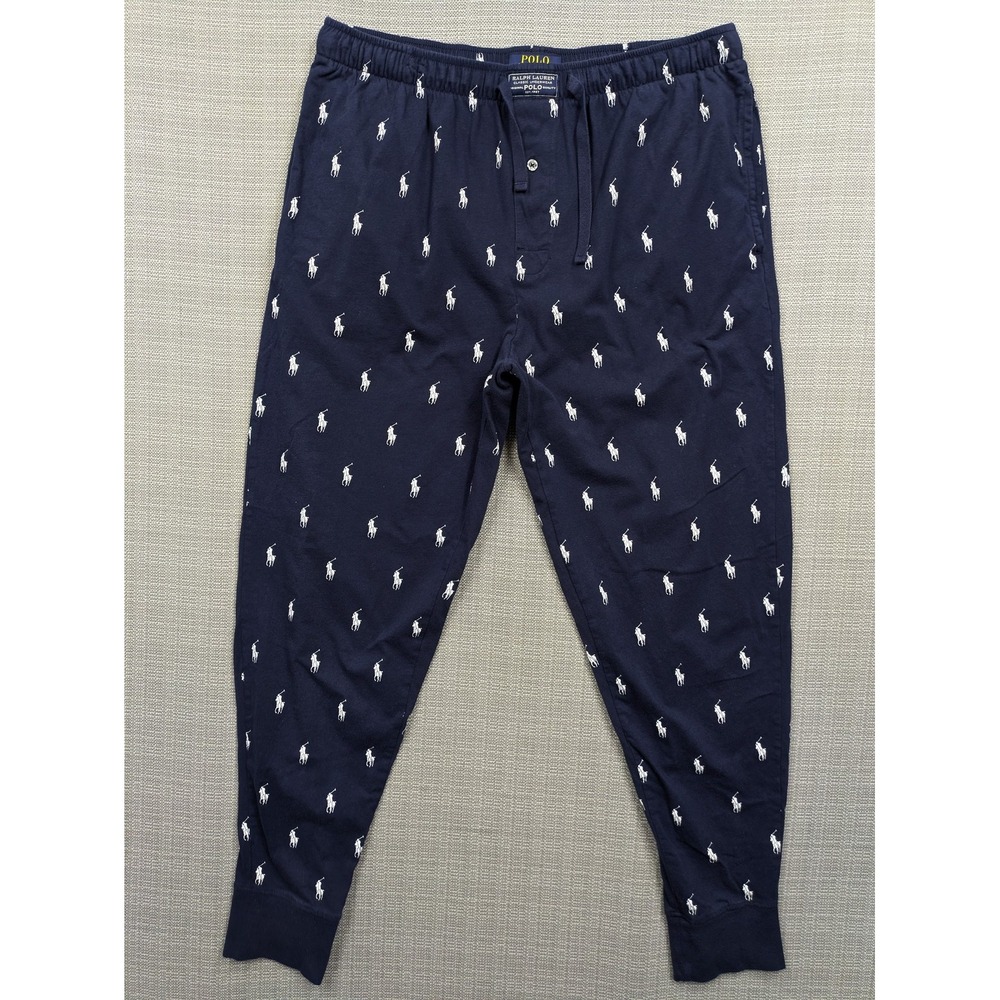 Polo Ralph Lauren Pajama Pants Mens Large Blue Logo Knit Sleep Lounge Cuffed